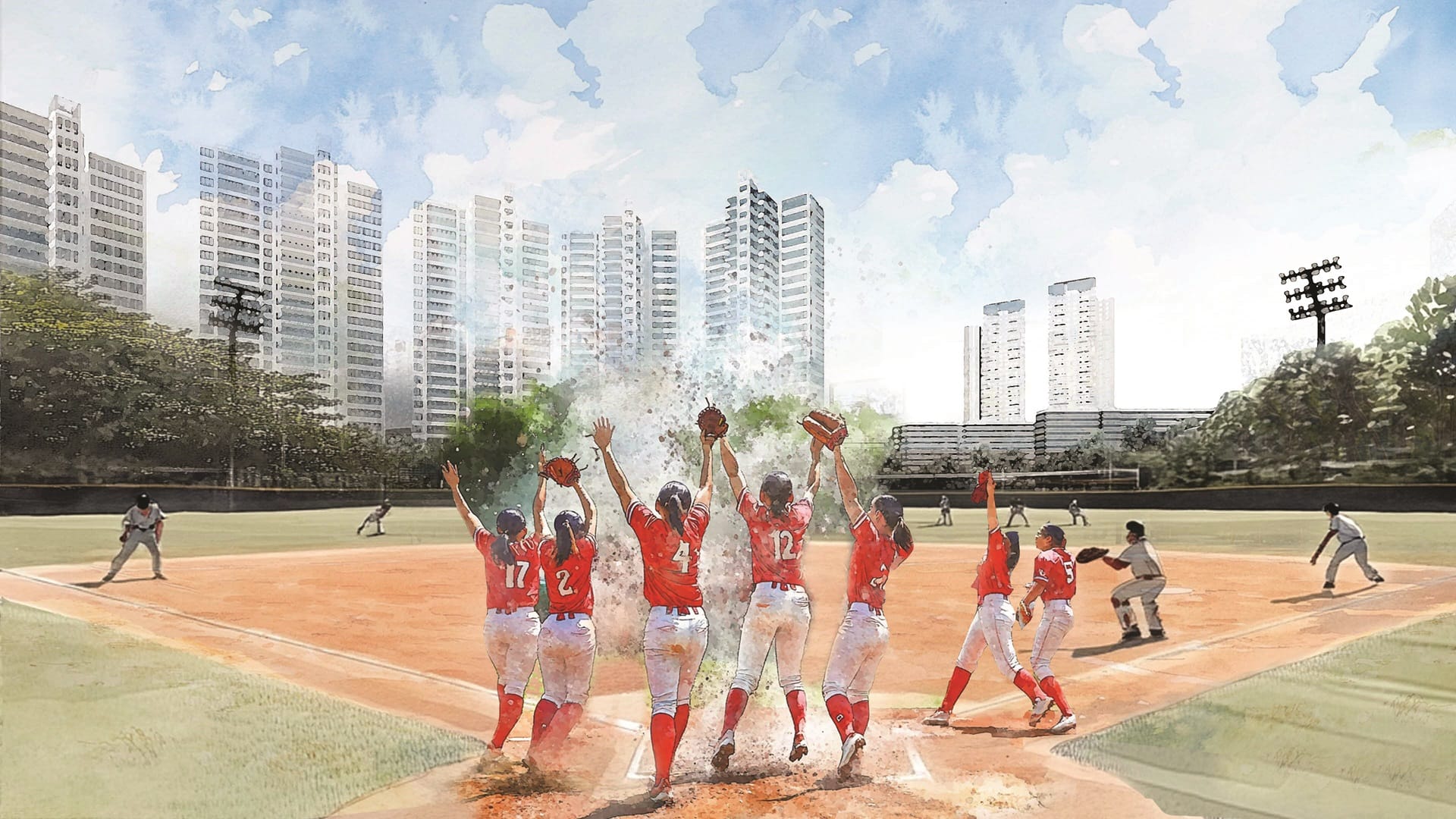 Watercolor of a softball team celebrating a win, with city buildings in the background.